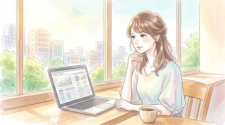 カフェでノートパソコンを見て半導体不足のニュースを読む女性