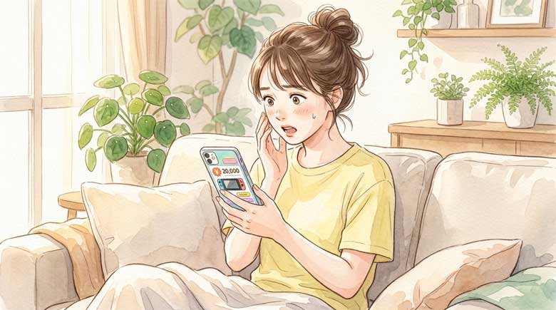 ソファでスマートフォンのニュースを見て驚く女性
