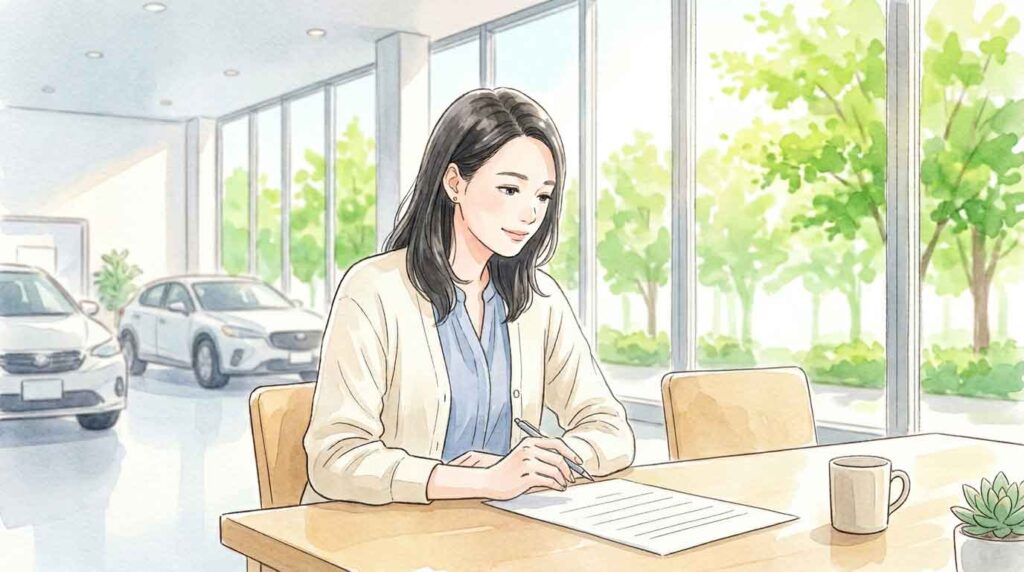 ディーラーで予約書類を前に前向きな表情で考える女性のイラスト