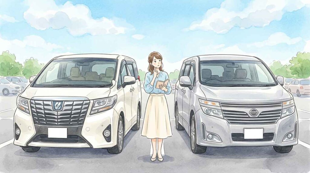 2台のミニバンの前で悩むように考える女性のイラスト
