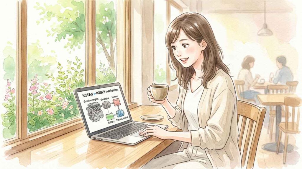e-POWERの仕組みを調べてスマートフォンを見て驚く女性のイラスト