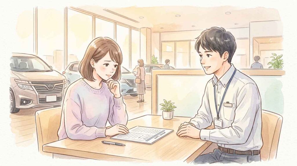 ディーラーの価格表を見て考え込む女性のイラスト