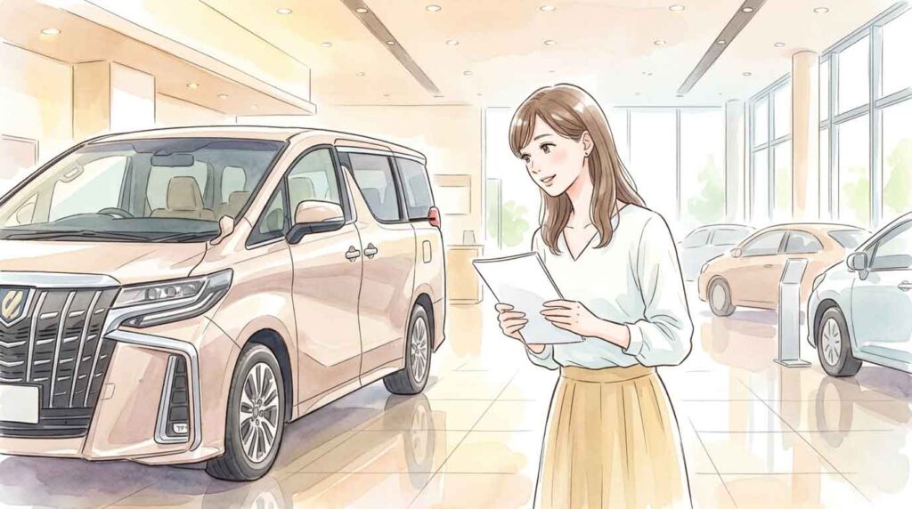 ショールームで新型ミニバンの発表を興味深く眺める女性のイラスト