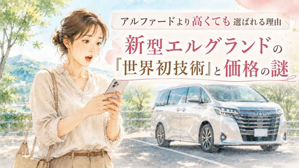 高級ミニバンを前に驚いた表情で立つ女性のイラスト