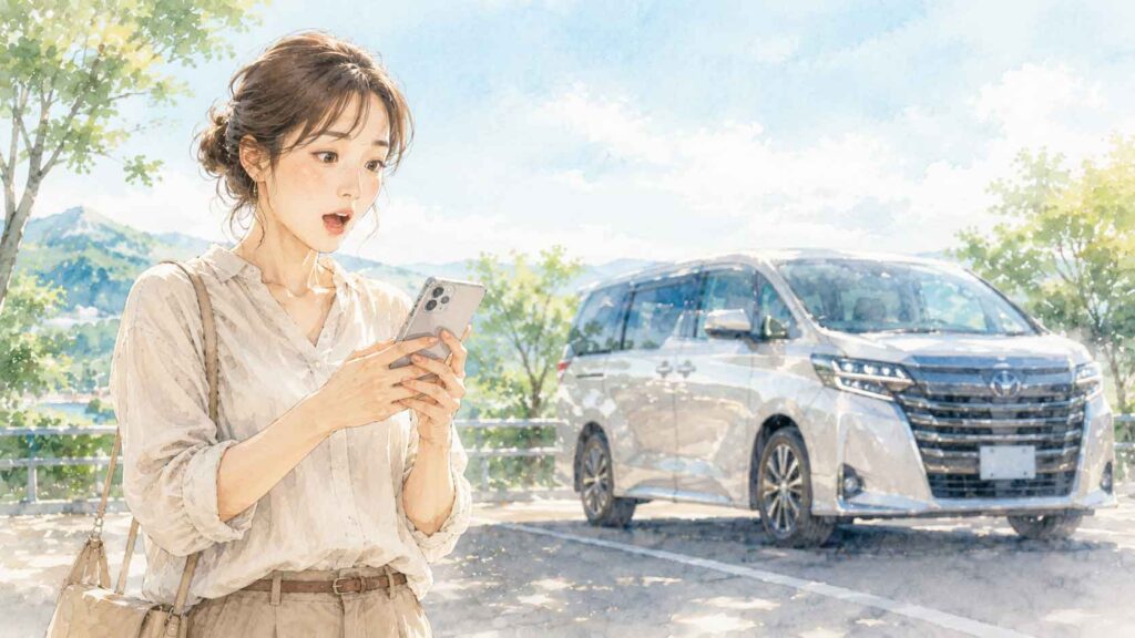 高級ミニバンを前に驚いた表情で立つ女性のイラスト