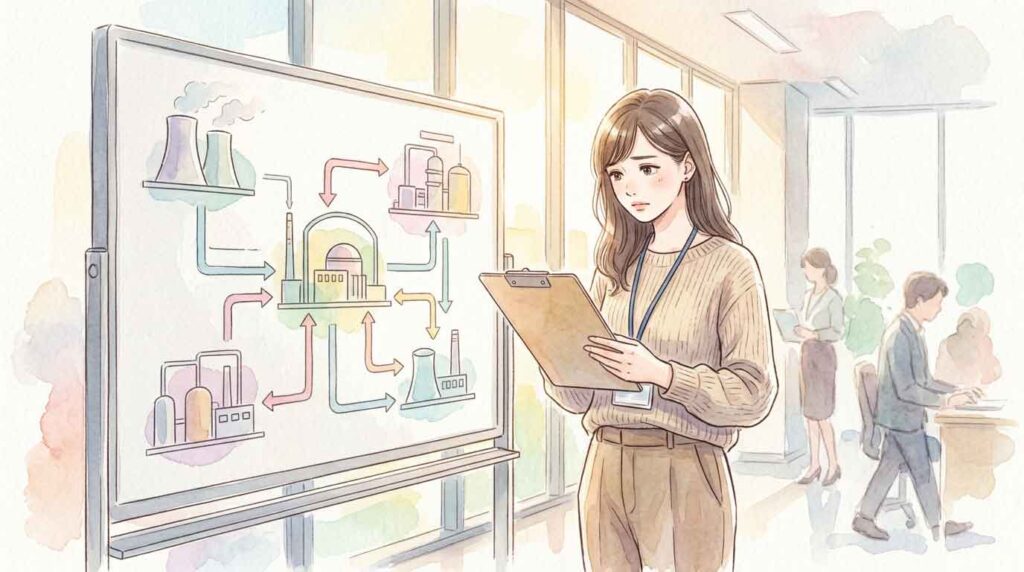 原子力施設の図面を前にキャリアについて考える日本人女性技術者のイラスト