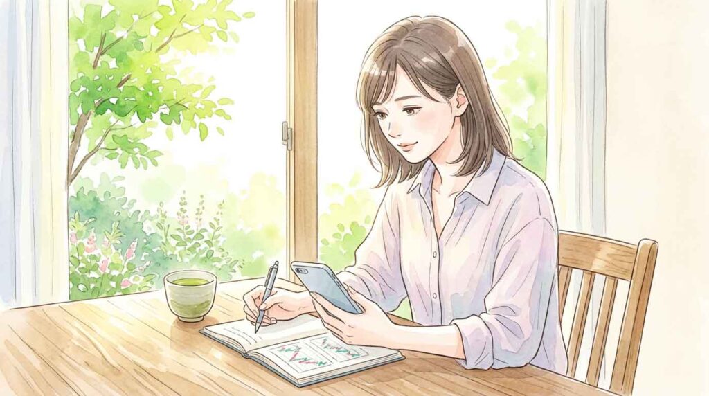 アメリカとの国際ビジネスについてグローバルマップを前に考える日本人女性のイラスト