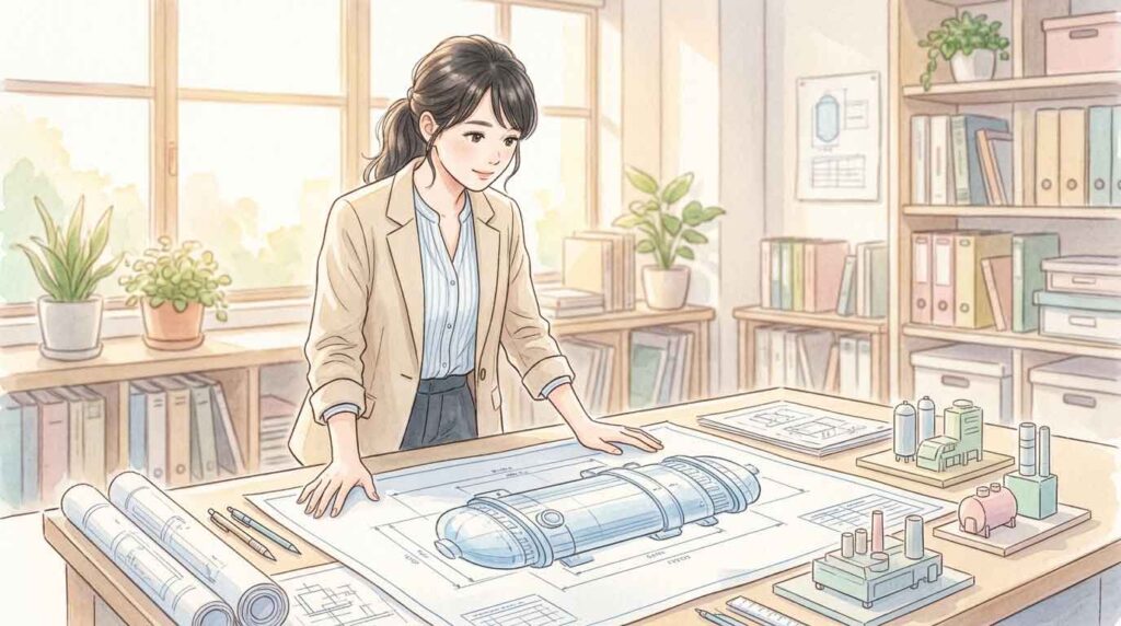 工場の設計図を広げながらエネルギー産業について説明する日本人女性のイラスト