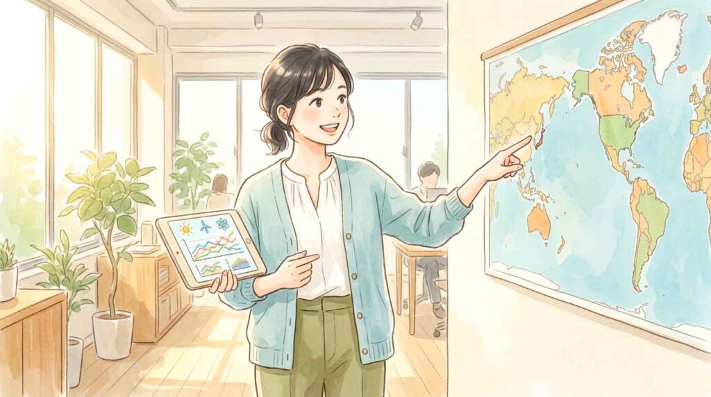 世界地図を指さしながら原子力エネルギーの復活について話す日本人女性のイラスト