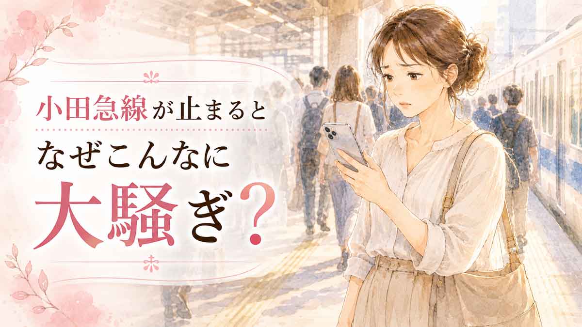 小田急線の駅ホームで困った表情でスマートフォンを見る女性