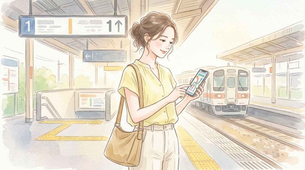駅のホームで乗換案内アプリを確認しながら落ち着いて行動する女性