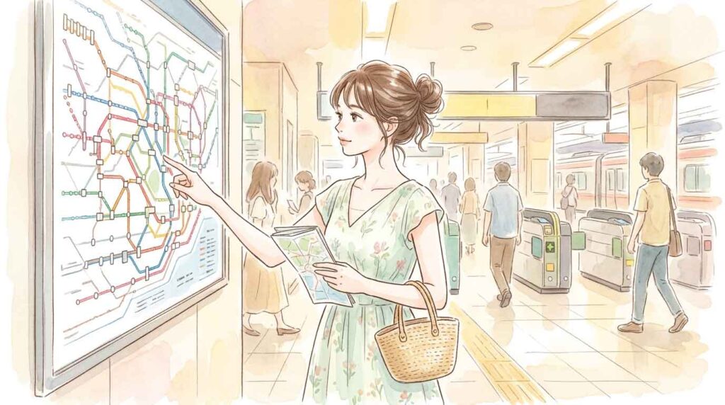 電車の路線図を眺めて考える女性のイラスト