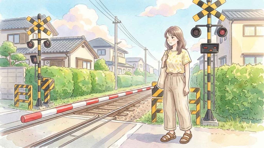 郊外の踏切前で立ち止まって待つ女性のイラスト