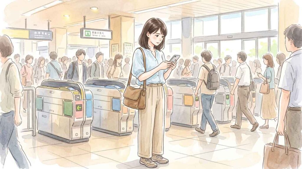 新宿駅の混雑した改札前でスマートフォンを確認する女性のイラスト