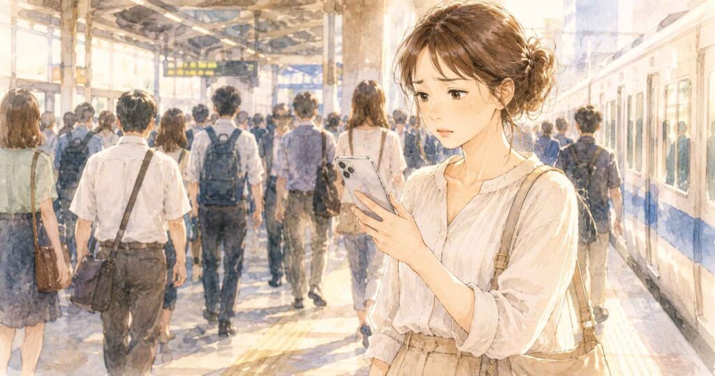 小田急線の駅ホームで困った表情でスマートフォンを見る女性