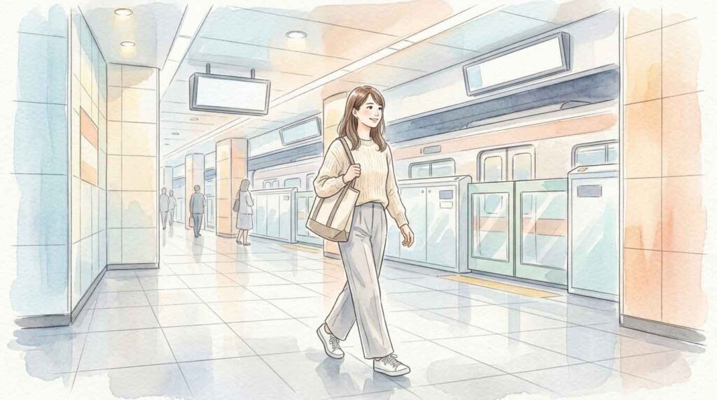 地下駅のホームを歩くスーツ姿の女性のイラスト