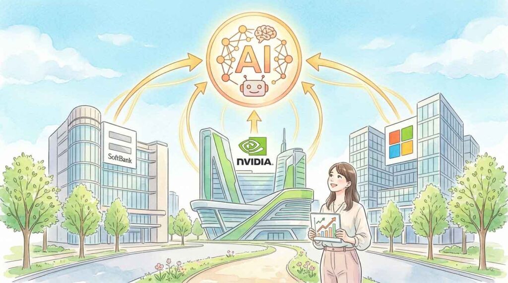 ソフトバンク・NVIDIA・Microsoftのロゴが並んだ株式投資のイメージイラスト・間接投資の概念図