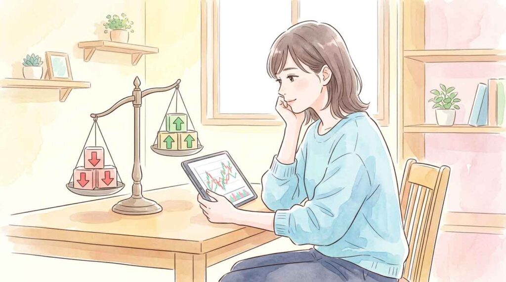 バランスが崩れた天秤と株価チャートを見つめる女性のイラスト・投資リスクを示すイメージ