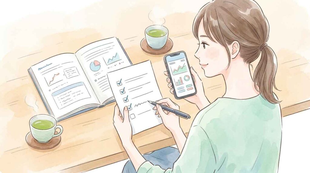 チェックリストとスマートフォンで投資準備をしている女性のイラスト・デスク上に証券アプリの画面