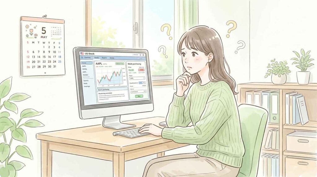日本の女性が証券会社のパソコン画面を見て困惑している様子のイラスト