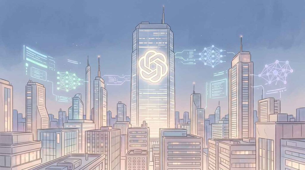 巨大なビルの前にOpenAIのロゴが輝くイラスト・未来的な都市の夜景