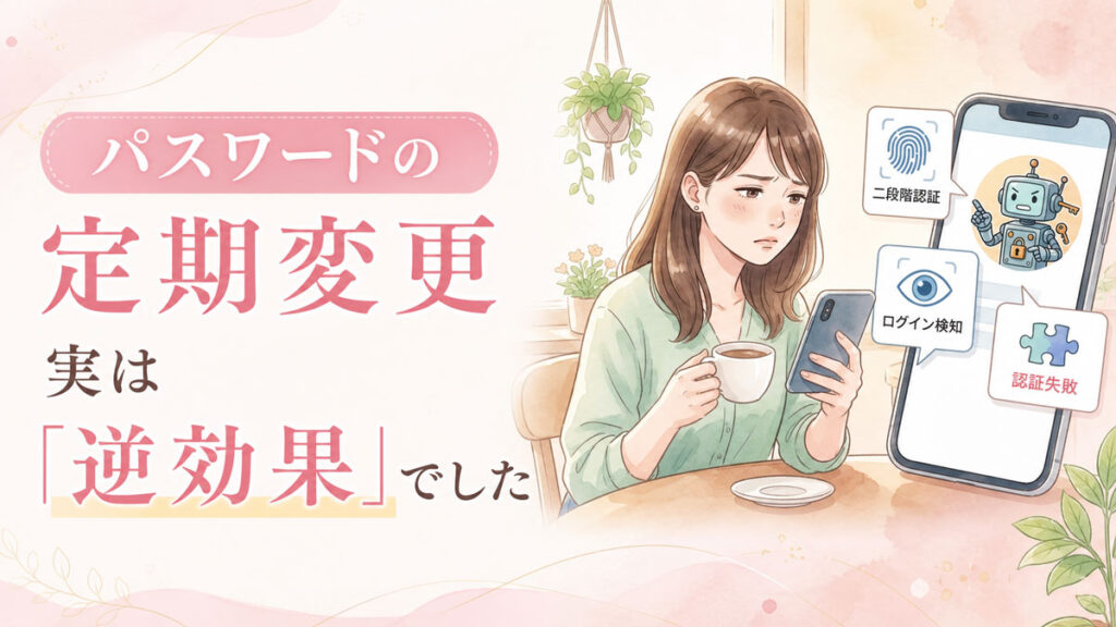 スマートフォンを手に考え込む女性のイラスト、セキュリティ疲れを表現