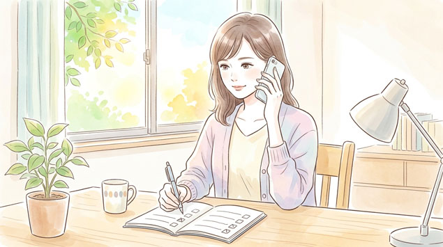 電話をかけながら手続きを進める女性のイラスト、落ち着いた表情