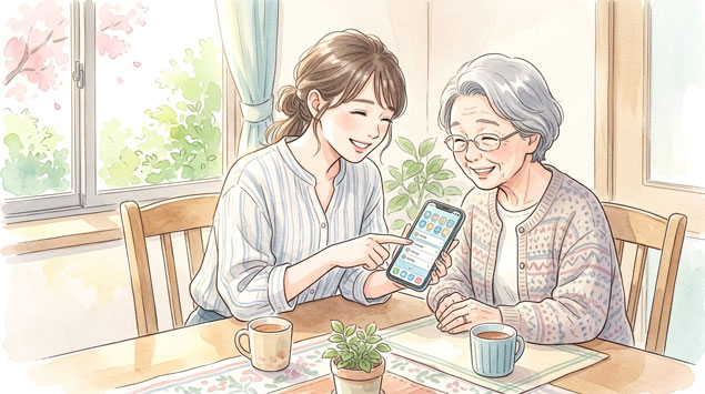 : 高齢の母親のスマートフォン設定を手伝う娘のイラスト