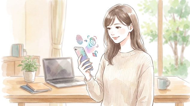 パスワード管理アプリとスマートフォンを安心して使う女性のイラスト