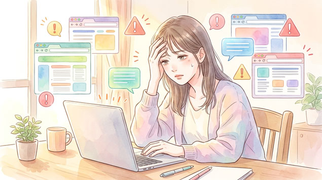 情報の洪水に囲まれて疲れた表情で画面を見る女性のイラスト