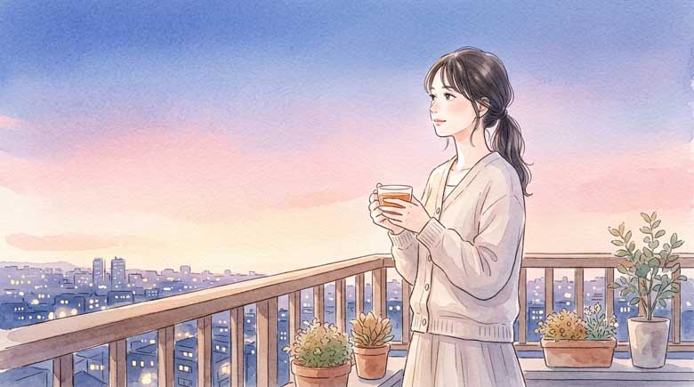 夕暮れのベランダから空を見渡し考える女性