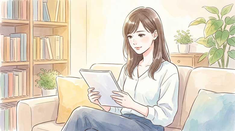 ソファで資料を読みながら静かに考える女性