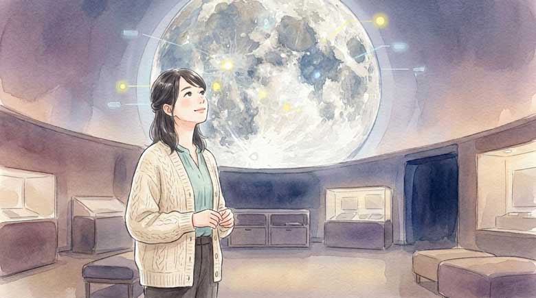 プラネタリウムで月面写真の展示を見上げる女性