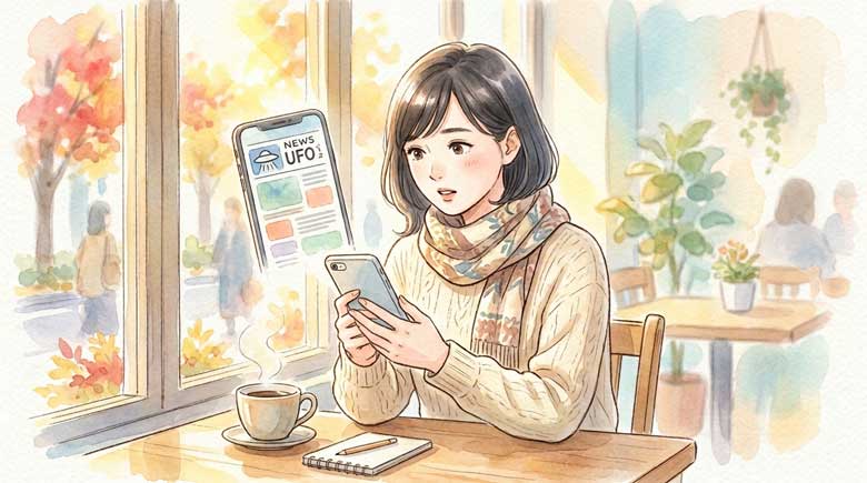 カフェでスマートフォンのUFO公開ニュースを読む女性