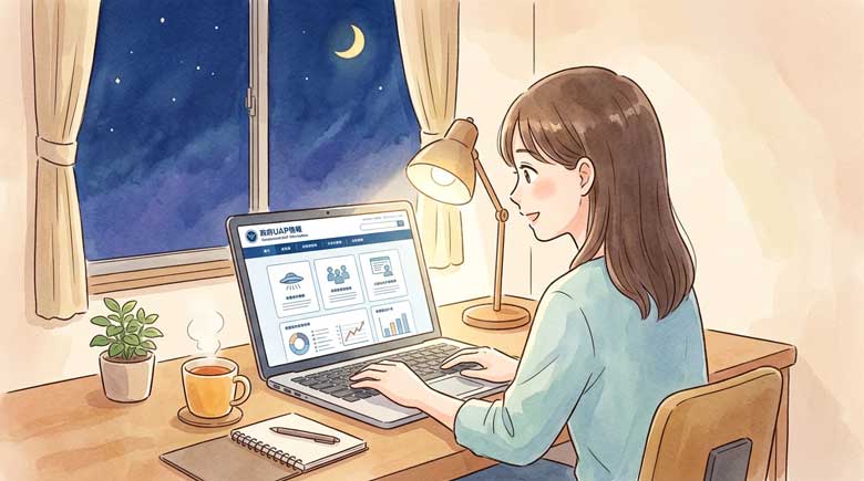 自宅でパソコンの画面に映る政府のUFO公開サイトを見る女性