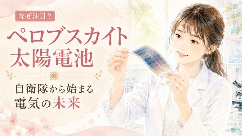 薄くて柔らかい次世代太陽電池パネルを手に持って観察する女性研究者のイラスト