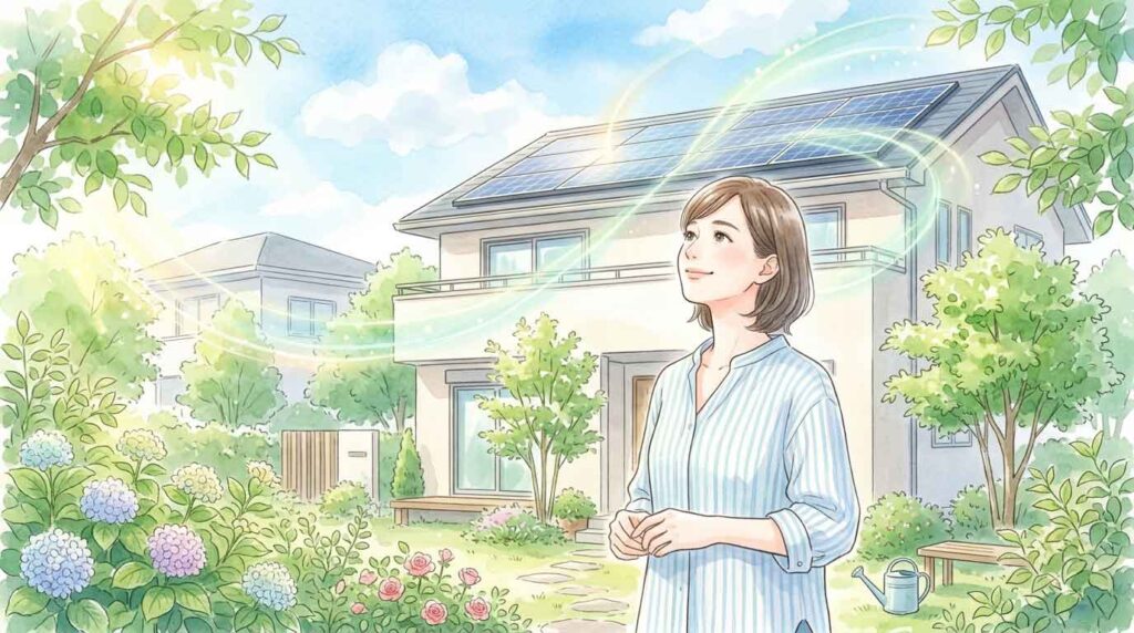 自宅のベランダや屋根のソーラーパネルを見上げて考える女性のイラスト