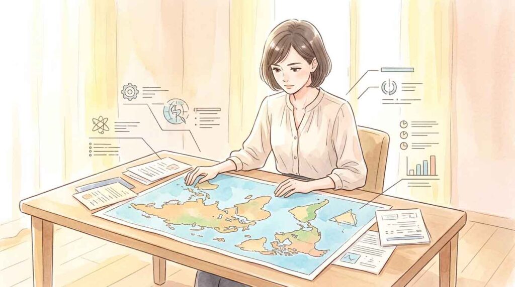 世界地図を前にエネルギー戦略について考える女性のイラスト