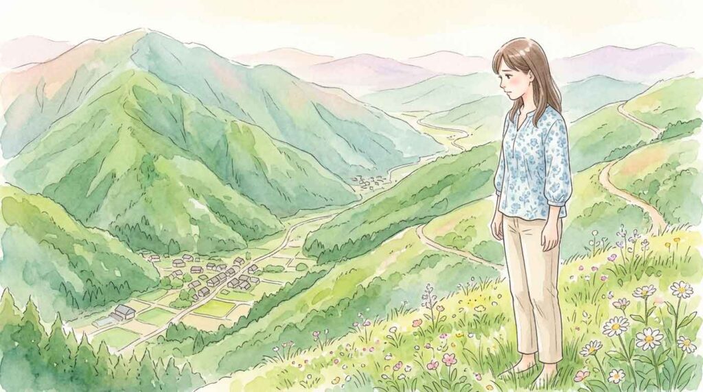 山がちな日本の地形と太陽光パネルの設置可能性について考える女性のイラスト
