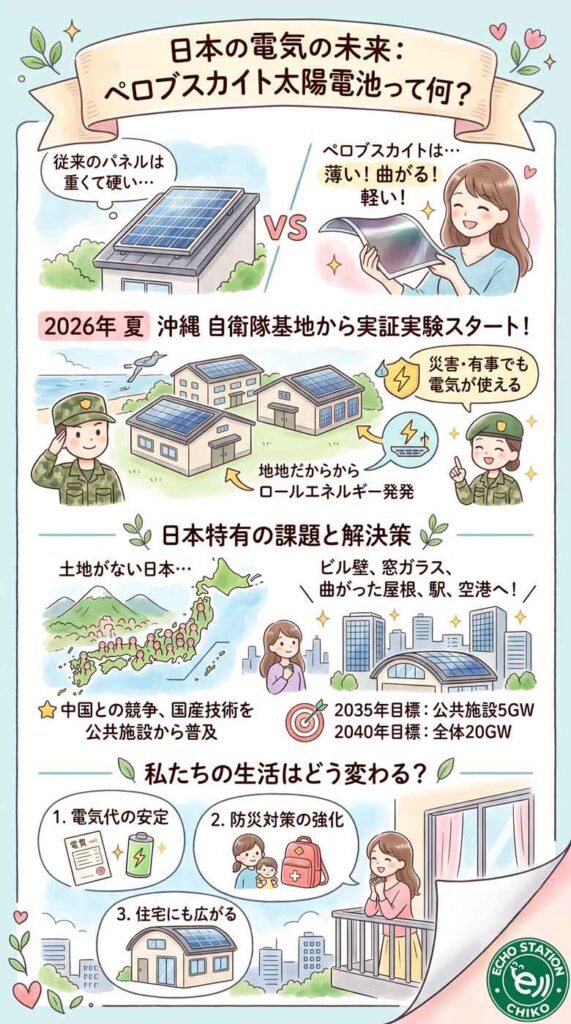 ペロブスカイト太陽電池って何？自衛隊基地から始まる「日本の電気の未来」をやさしく解説インフォグラフ