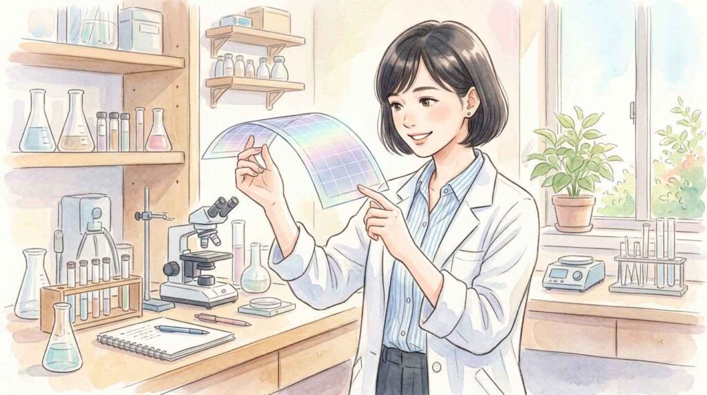 薄くて柔らかい次世代太陽電池パネルを手に持って観察する女性研究者のイラスト