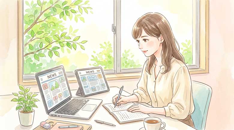 デスクで複数のニュース画面を確認しながらメモを取る女性のイラスト、初夏の緑が見える窓辺