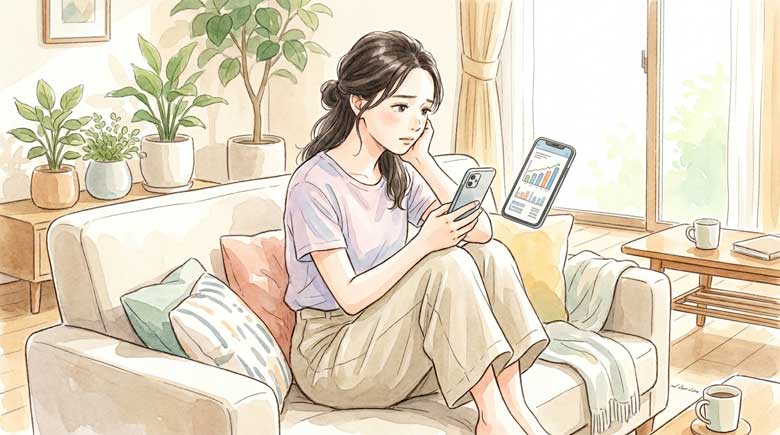 スマートフォンで投資アプリを確認しながら少し心配そうな表情の日本人女性のイラスト、背景は明るい自宅のリビング