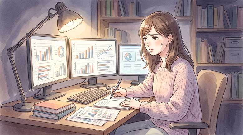 暗い部屋で複雑な数字の資料を見て眉をひそめる女性アナリストのイラスト