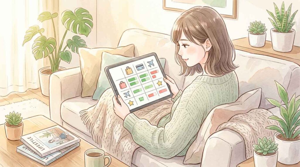 自宅のソファでタブレットを見ながらポイント活用について考える女性のイラスト