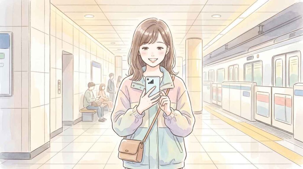 自宅のデスクでスマートフォンの銀行アプリを見て驚く女性のイラスト