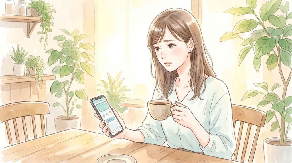 カフェでスマートフォンの決済アプリを見て考え込む女性のイラスト