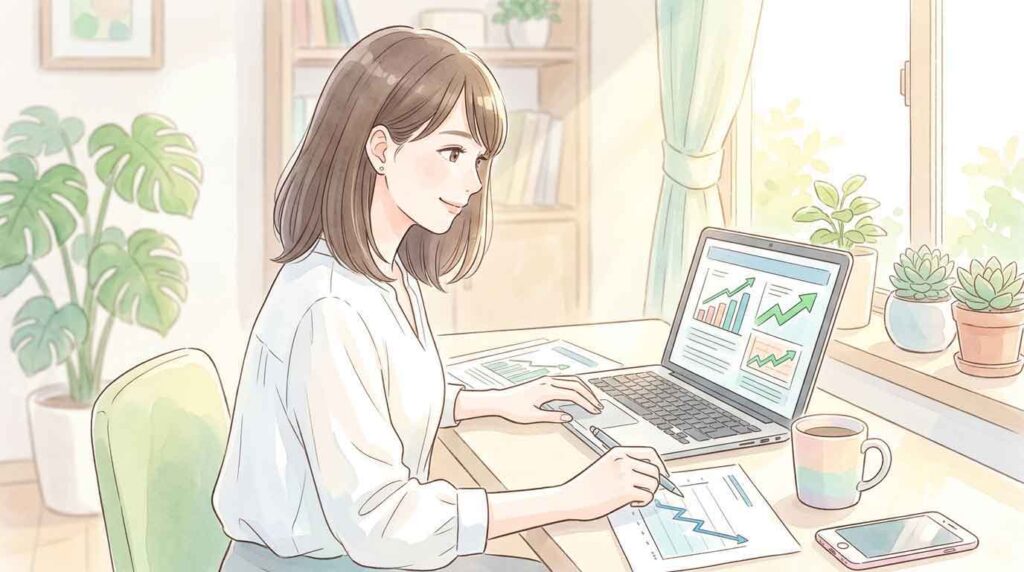 PIC2 | alt: 書類とスマートフォンで決算ニュースを確認する女性のイラスト