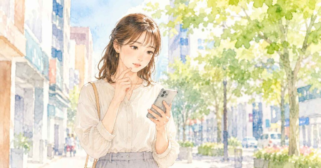 スマートフォンを手に楽天アプリを確認する女性のイラスト