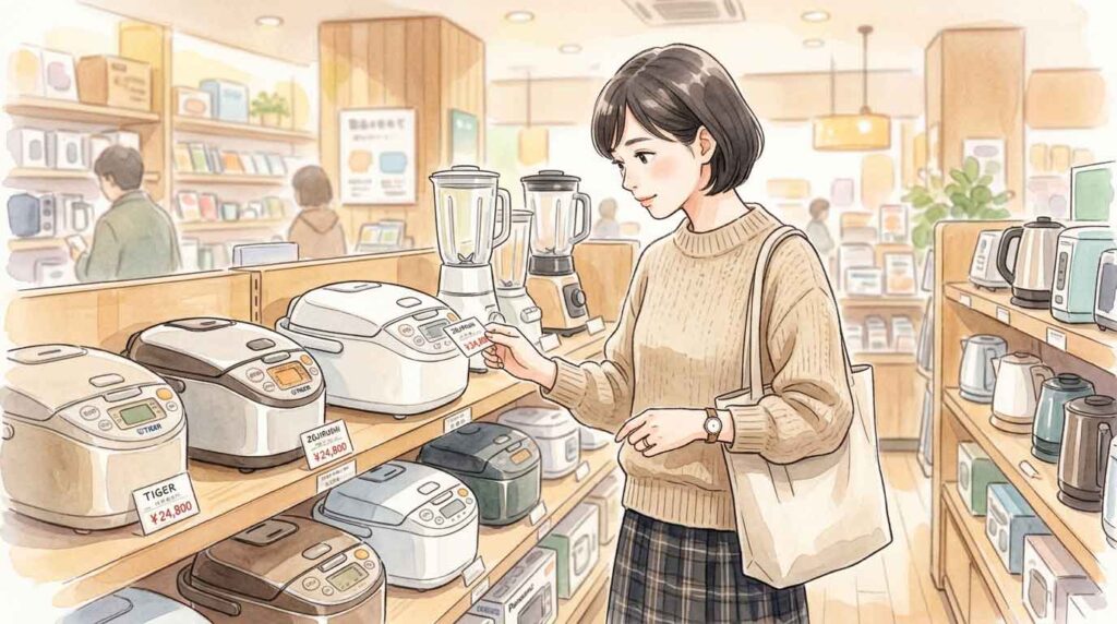 家電量販店で家電製品を見て価格を確認する女性